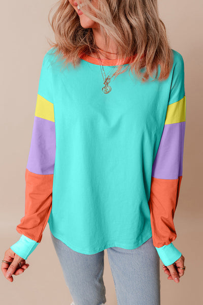 Casual Women's Light Blue Colorblock Long Sleeve Top - Comfortable Loose Fit Patchwork Design for Everyday Style