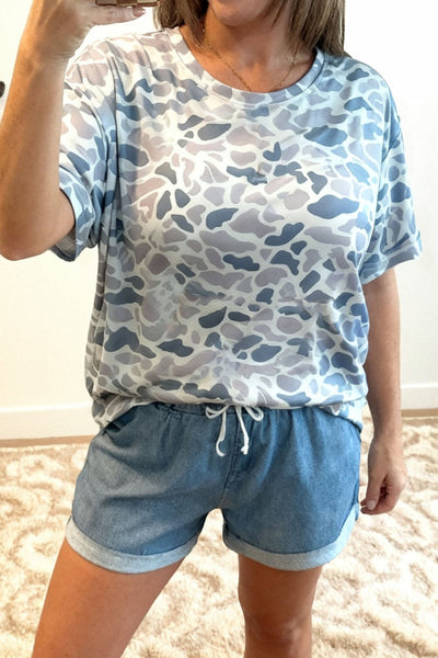 Abstract Blue & Grey Camo Print Relaxed Tee for Everyday Comfort