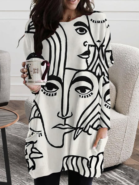 Women's Abstract Face Print Long Sleeve Pocket Dress