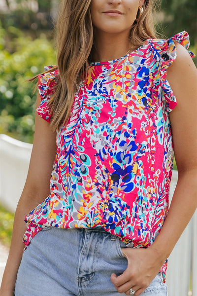 Women's Abstract Floral Ruffle Sleeve Summer Blouse