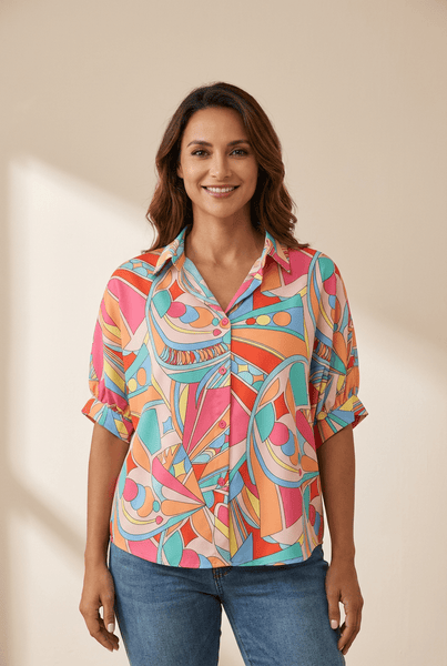 Women's Abstract Geo Print Button-Down with Puff Half Sleeves