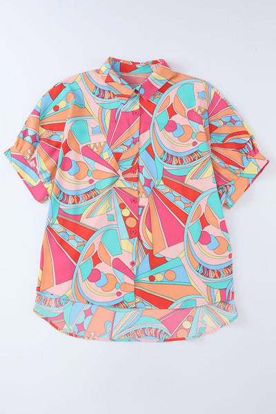 Women's Abstract Geo Print Button-Down with Puff Half Sleeves