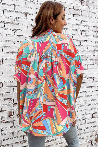 Women's Abstract Geo Print Button-Down with Puff Half Sleeves