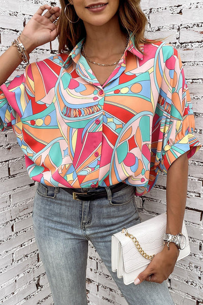 Women's Abstract Geo Print Button-Down with Puff Half Sleeves