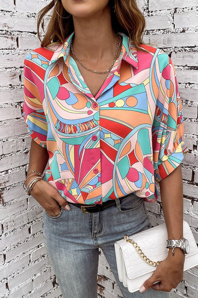 Women's Abstract Geo Print Button-Down with Puff Half Sleeves