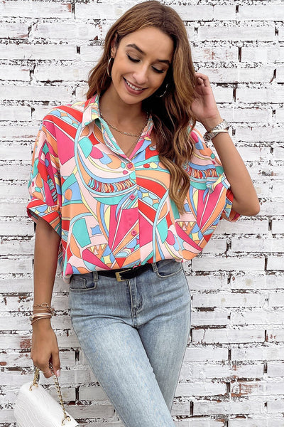 Women's Abstract Geo Print Button-Down with Puff Half Sleeves