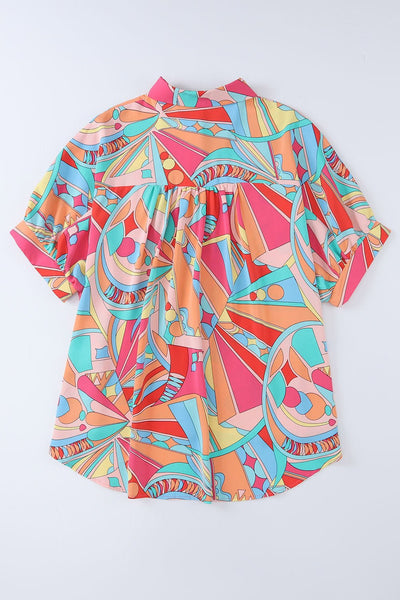 Women's Abstract Geo Print Button-Down with Puff Half Sleeves