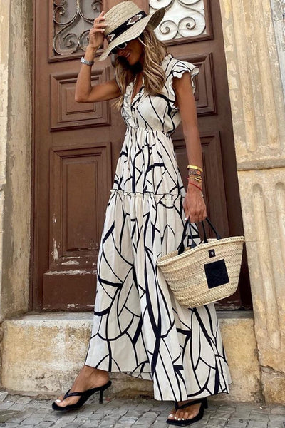 Chic Print Halter Tie Waist Wide Leg Jumpsuit