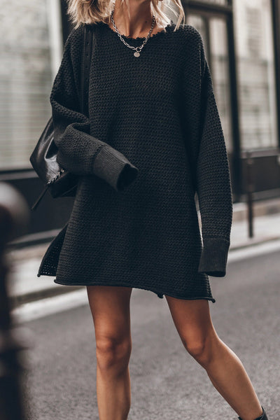 Chic Black Textured Shift Mini Dress for Women with Side Slits and Long Sleeves Perfect for Casual or Evening Wear