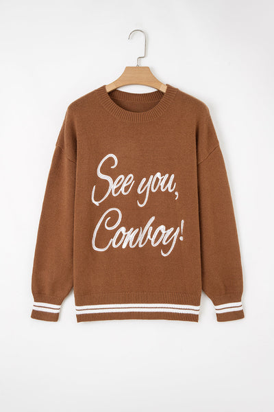 Cozy Boho Western Graphic Sweater for Women - Earthy Tones Knitwear with Relaxed Fit for Effortless Style