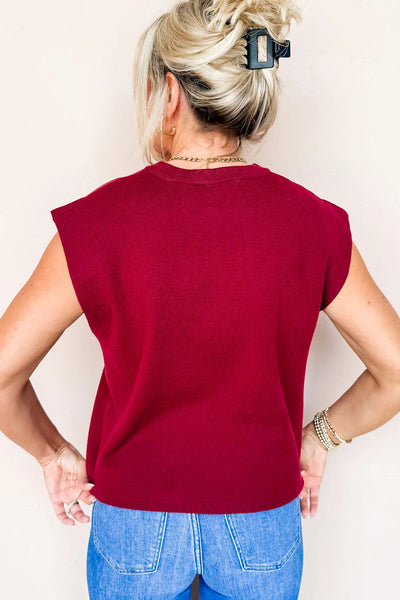 Stylish Women's Racing Red Crew Neck Knit Sweater with Cap Sleeves - Perfectly Comfortable for Everyday Fashion
