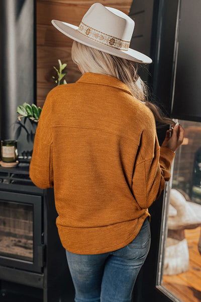 Women's Casual Russet Orange Textured Knit Shacket with Flap Pockets for Everyday Comfort and Style