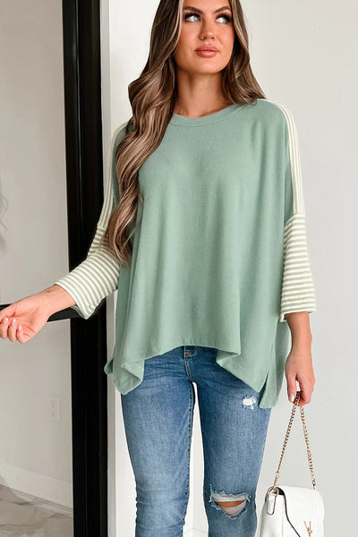 Women's Casual Aqua Striped Oversized Tee with Bracelet Sleeves & Stylish Patchwork Design for Effortless Everyday Wear
