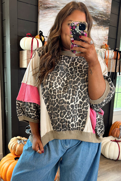 Stylish Women's Brown Leopard Print Color Block Top with 3/4 Sleeves - Trendy Loose Fit Casual Shirt for Everyday Wear made for easy styling and