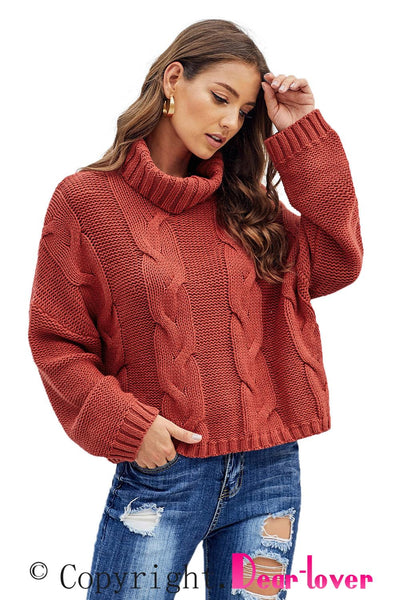 Cozy Women's Fiery Red Handmade Cable Knit Turtleneck Sweater Stylish Warmth for Cuddle Weather Comfort