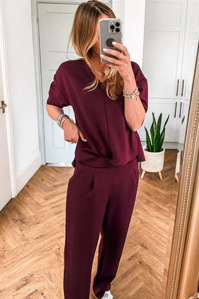 Women's Red Dahlia V-Neck Casual Tee and Pants Set - Chic, Comfortable Outfit for Effortless Everyday Style