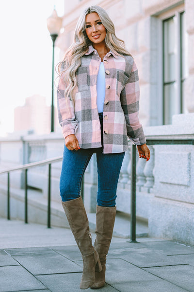 Women's Versatile Pink and Gray Plaid Color Block Long Sleeve Jacket with Pockets - Stylish Outerwear for Every Occasion