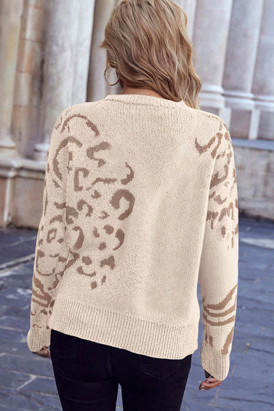Trendy Women's Beige Asymmetric Drop Shoulder Sweater with Leopard Print - Casual Chic Knitwear for Stylish Outfits