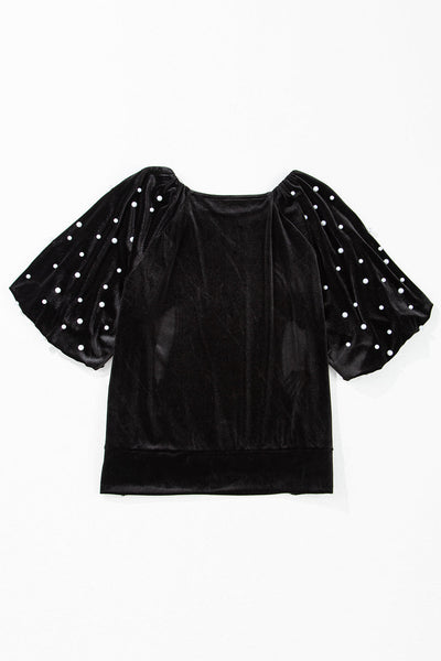 Chic Women's Black Velvet Top with Pearl Beading - Elegant Half Sleeve Design for Casual or Evening Events