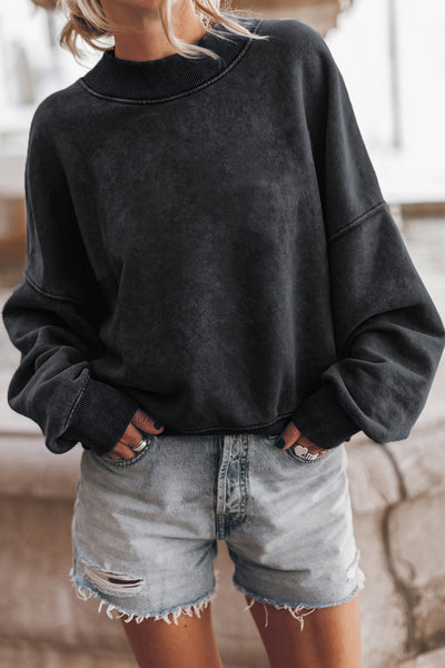 Cozy Women's Black Drop Shoulder Crew Neck Sweatshirt - Effortless Casual Pullover for Ultimate Comfort and Style
