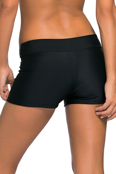 Wide Waistband Black Swim Shorts for Women