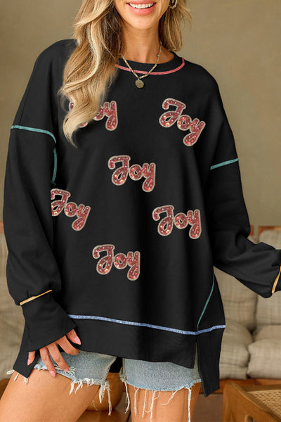 Women's Black Sequin Joy Graphic Sweatshirt with Contrast Seaming