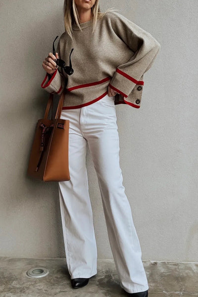 Cozy Relaxed Fit Taupe Ribbed Knit Sweater for Women with Button Side and Trendy Contrasting Stripes