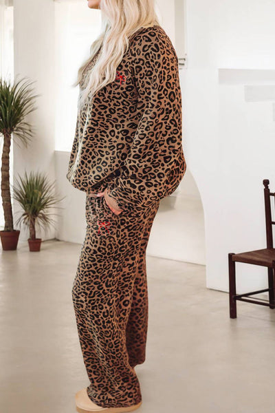 Chic Khaki Leopard Print Pullover & Pants Set for Women with Bow Embroidery - Stylish 2-Piece Outfit