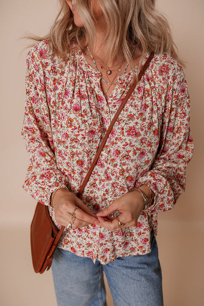 Elegant Women's Red Floral Blouse - Lightweight Short Sleeve Top with Feminine Touch for Casual and Dressy Events