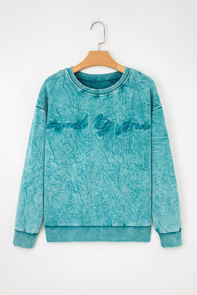 Women's Sea Green Mineral Wash 'Saved by Grace' Cotton Sweatshirt