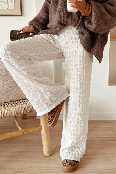 Chic Women's High Waist White Bubble Textured Straight-Leg Trousers for Effortless Casual Style and Comfort