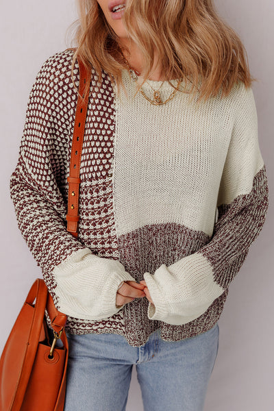 Women's Dark Khaki Color Block Sweater with Back Tie, Drop Shoulder, and Relaxed Fit for Effortless Chic Style