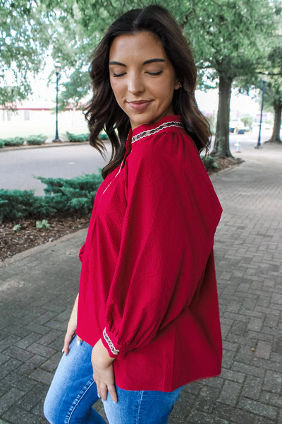 Women's Racing Red Leopard Trim V-Neck Blouse in Textured Crepe