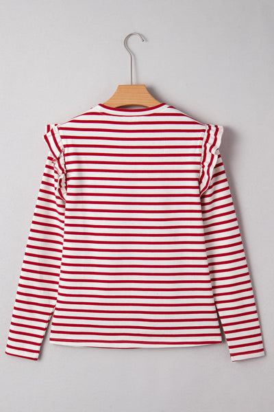 Women's Red Striped Ruffle Sleeve Cotton Blend Blouse