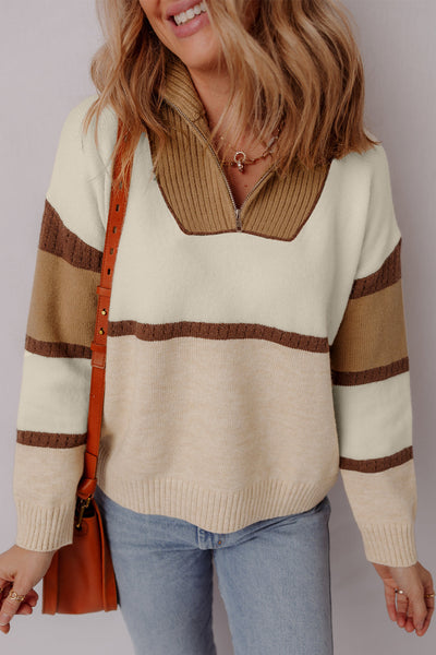 Cozy Women's Colorblock Pullover Sweater in Parchment with Zipped Collar - Perfect for Casual Chic Style
