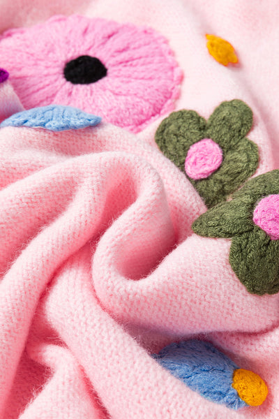 Cozy Women's Pink Knitted Sweater with Floral Design & Ribbed Edges - Perfect for Casual Outings and Everyday Style