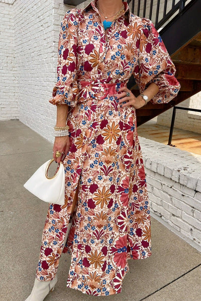 Elegant Women's Red Floral Button-Down Dress with Puffy Sleeves and Shirt Collar for Chic Summer Outfits