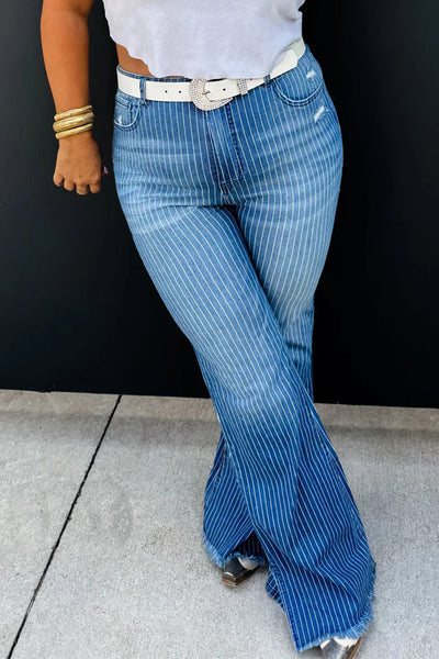 Trendy Women's Sky Blue Striped High-Waisted Flared Jeans with Raw Hem & Split Leg Design for a Chic Look
