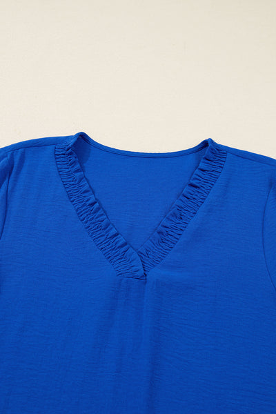 Women's Cerulean Blue V-Neck Shift Dress with Ruffle Trim