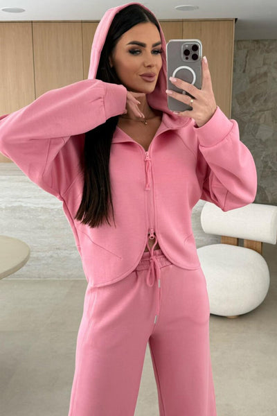 Cozy Women's Pink Zip-Up Hoodie and Loose Pants Set Casual Loungewear for Relaxed, Comfortable Days