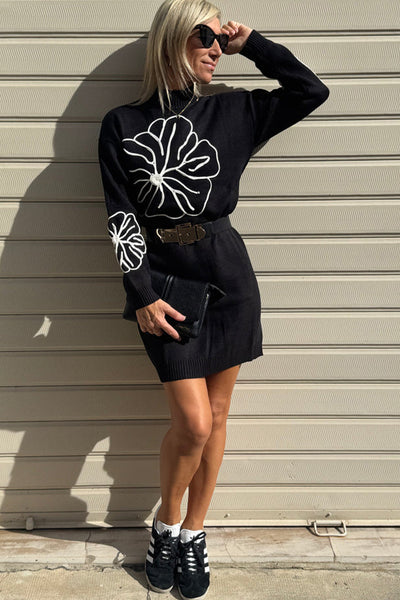 Chic Women's Black Floral Embroidered Mock Neck Mini Dress - Effortless Fall Style for Trendy Casual Looks