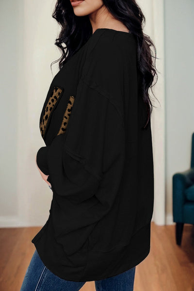Women's Black Oversized Leopard LOVE Graphic Pullover Sweatshirt made for easy styling and wardrobe coordination, with premium-like structure and