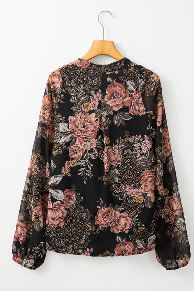Trendy Women's Black Floral Criss-Cross V-Neck Balloon Sleeve Blouse - Stylish Casual Top for Everyday Wear