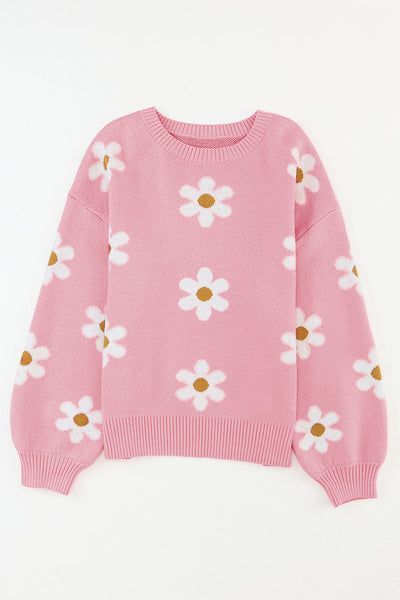 Trendy Women's Pink Floral Drop Shoulder Sweater - Cozy Knit for Effortless Casual Style and All-Day Comfort
