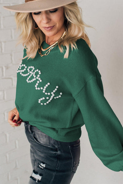 Women's Cozy Blackish Green Pearl Beaded Sweater - Casual Chic Design for Effortless Everyday Style