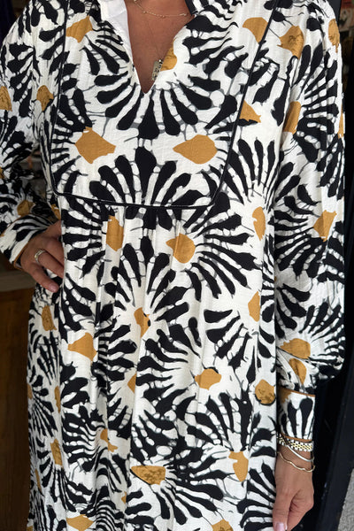 Elegant Women's Black Floral Print Long Sleeve Dress with Split V-Neck Trendy Style for Special Occasions and Events