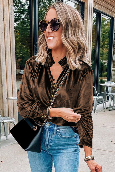 Women's Frilled Neck Velvet Top in Desert Palm Chic, Comfortable Blouse for Everyday Elegance and Versatile Style
