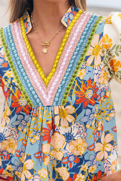 Women's Boho Floral Crochet Blouse in Multicolor with V-Neck and Half Sleeves for Effortless Chic Style