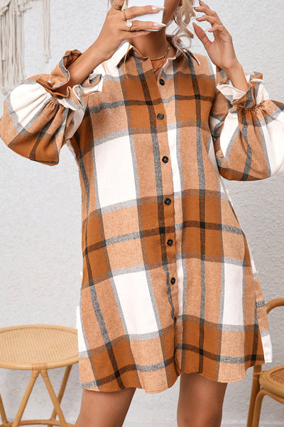 Women's Khaki Plaid Flounce Sleeve Shirt Dress in Cotton Blend