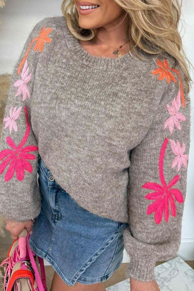 Women's Casual Chic Taupe Sweater with Embroidered Floral Sleeves - Loose Fit, Round Neck Design for Effortless Style